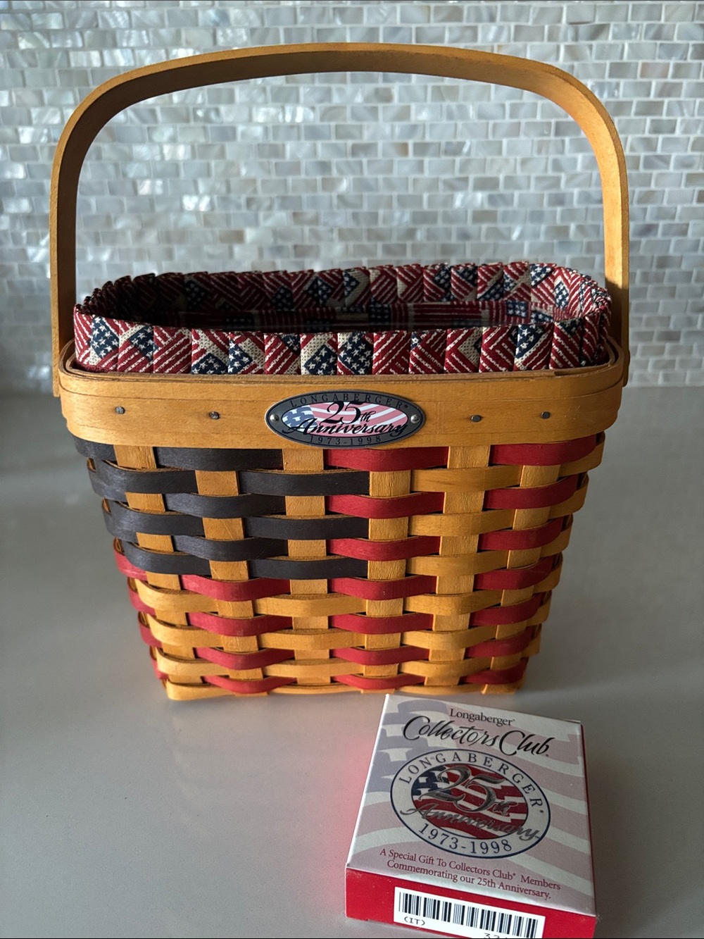 Longaberger Red, Brown & Natural Patriotic-Lined Woven Basket